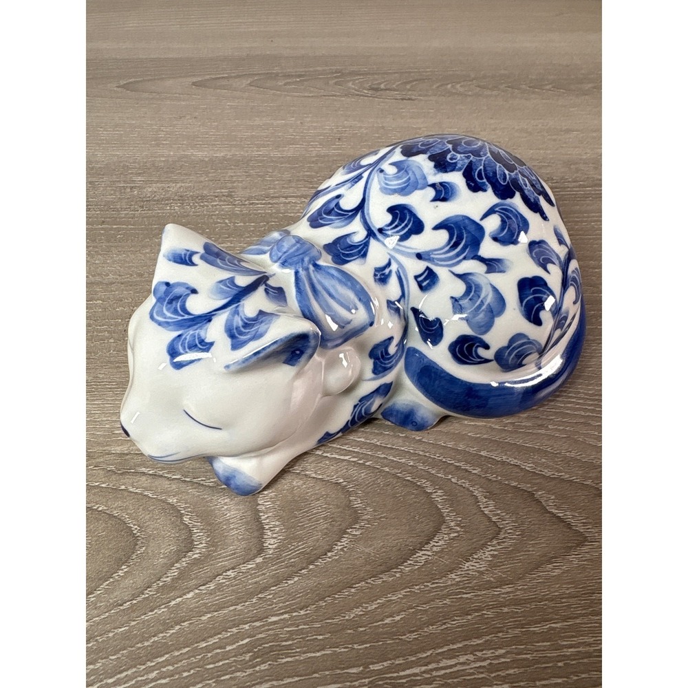 Vintage Cobalt Blue & White Flowers Sleeping Hand-Painted Collectible Cat w/ Bow